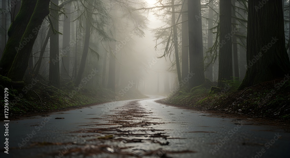Obraz premium Foggy forest road, cinematic lighting, moody atmosphere