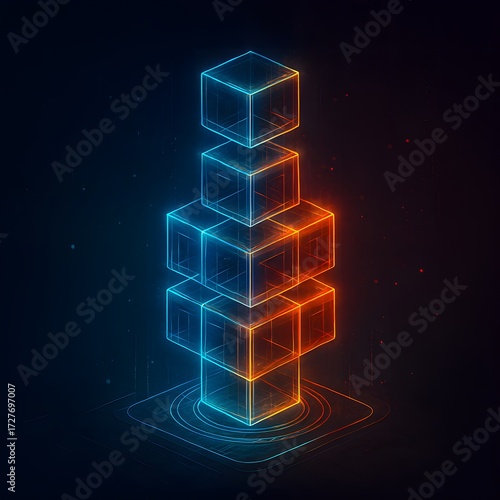 Abstract futuristic stack of neon cubes glowing blue and orange