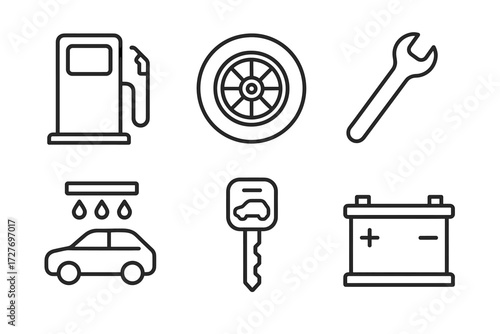 Automotive icons including gas pump, tire, wrench, car wash, key, and battery