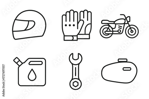Motorcycle gear and maintenance icons: helmet, gloves, bike, oil, wrench, fuel tank