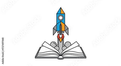 Colorful rocket launching from an open book symbolizing education and exploration.