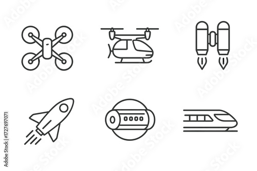 Futuristic transportation icons: drone, air taxi, jetpack, rocket, hyperloop, train