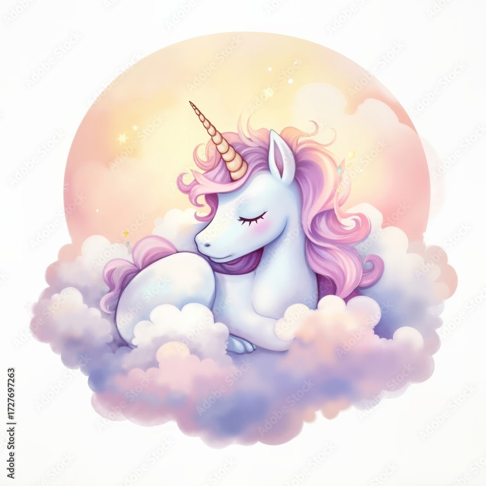 Fototapeta premium A magical unicorn sleeping on a pastel cloud. Cute fairytale character illustration. Isolated on white background.