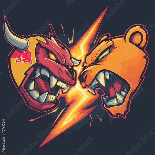 Aggressive, cartoonish bull and bear faces clash amidst a vibrant yellow lightning bolt