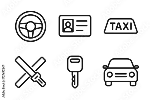 Taxi icons set: steering wheel, id card, taxi sign, seatbelt, key, car