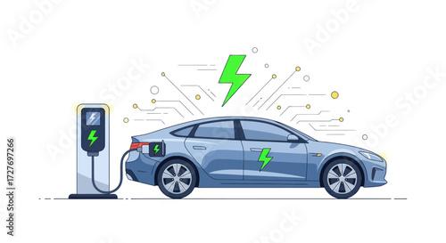 Electric Car Charging at Station with Green Energy Symbol.