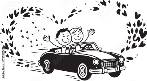 Love's Journey: A couple in a classic car is framed by a heart-shaped array of floating hearts, suggesting a journey of love, romance and adventure, representing the beauty of companionship.