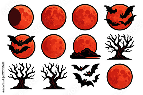 Blood moon with bats and creepy trees illustrating eerie halloween night