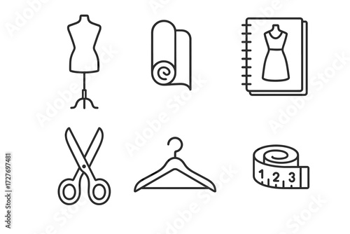 Seamstress essentials icons: mannequin, fabric roll, style book, scissors, hanger, tape measure
