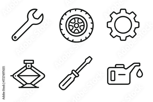 Automotive tools and symbols: wrench, tire, gear, jack, screwdriver, oil can