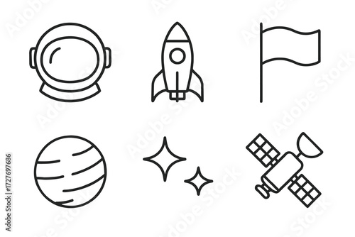 Space exploration icons: helmet, rocket, flag, planet, stars, satellite
