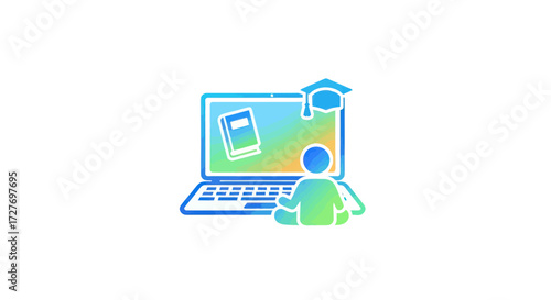 Digital Learning Icon: Laptop Book and Student with Graduation Cap.