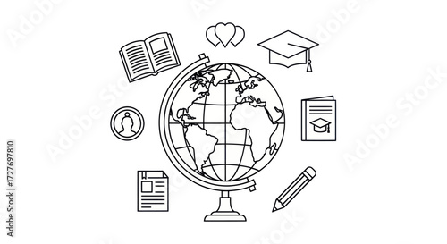 Black and White Globe Surrounded by Education Icons.