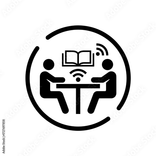 Shared workspace icon depicting two individuals at a table with a book and wireless signals on a transparent background