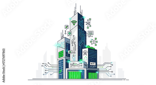 Futuristic Smart City Skyscrapers with Digital Network Connections.