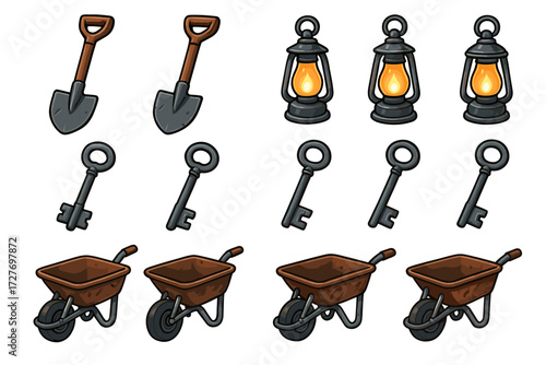 Set of garden tools and lanterns with keys and wheelbarrows