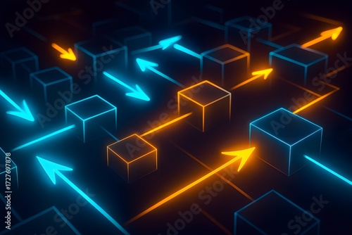 Abstract network concept with connecting boxes and directional arrows glowing neon