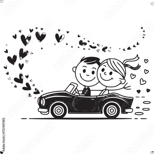 Love on the Open Road: An illustration captures a moment of joy with a couple joyfully riding in a classic car, hearts floating to show love and affection.