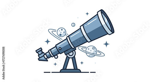 Cute cartoon telescope with planets and stars for astronomy and space observation.