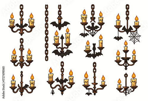 Collection of gothic candle chandeliers with chains and spider webs for halloween decor