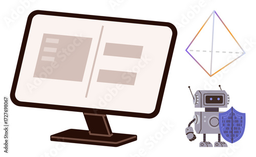 Computer screen interface, robot with shield, and colorful geometric figure suggest data security, AI, innovation, science, education, digital safety and research themes. Ideal for simple flat