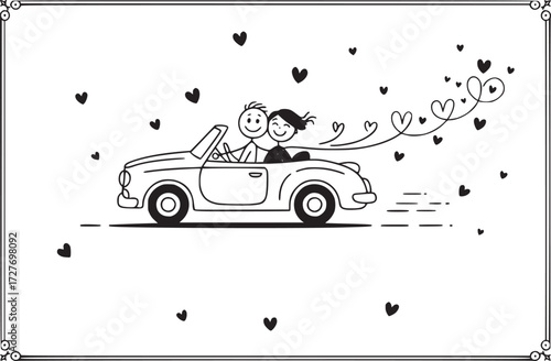 Couple's Joyful Journey: A whimsical illustration of a couple embarking on a romantic adventure in a classic convertible, their happiness symbolized by a trail of hearts and a sense of pure joy.