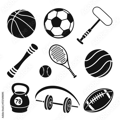 Sports equipment collection black icons basketball
