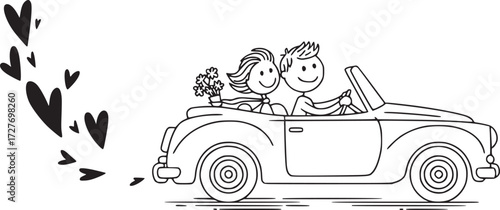 Road trip to romance: A cartoon captures the essence of love and adventure as a couple sets off on a road trip in a classic convertible, hearts trailing them