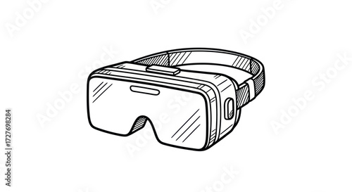 Hand-drawn sketch of a virtual reality headset with adjustable strap.