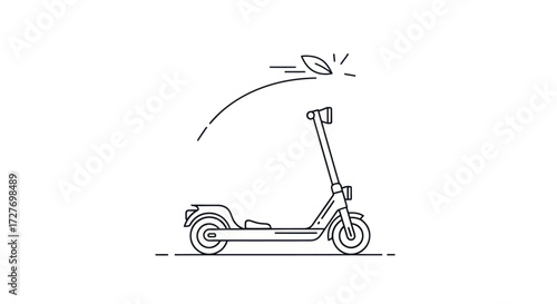 Linear Illustration of an Electric Scooter with Flying Object.