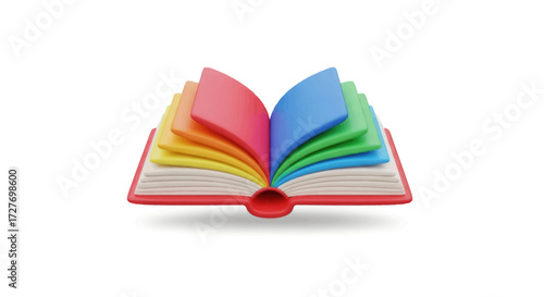Open Book with Colorful Pages Red Cover and Visible Binding.