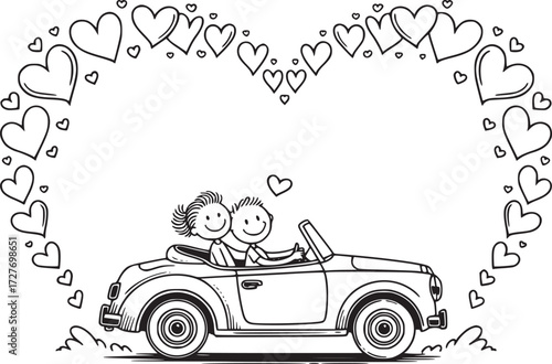Love on the Road: A delightful black and white illustration features a pair in a convertible framed by a heart-shaped garland of hearts, ready to embark on a journey of togetherness.