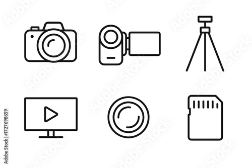 Camera equipment icons: dslr, camcorder, tripod, monitor, lens, memory card