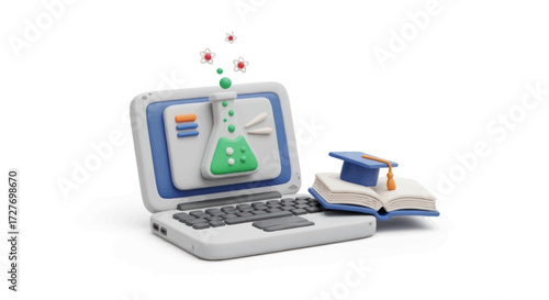 Online Science Education: Laptop with Beaker and Books.