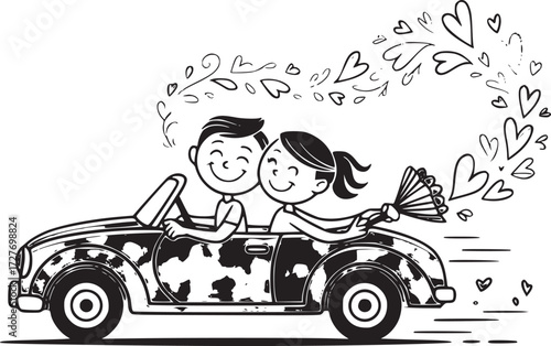 Love's Drive: A joyful couple, arm in arm, embarks on a whimsical journey in a charming, decorated convertible, with a trail of hearts and flowers.