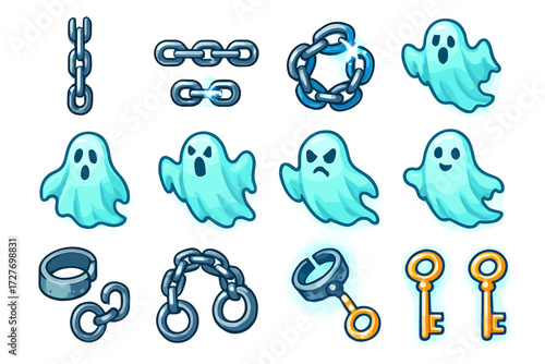 Cartoon ghosts and chains collection with keys and shackles