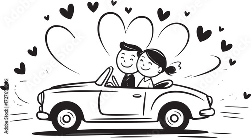 Romantic Drive: A delightful illustration depicts a loving couple, hand in hand, joyfully embarking on a romantic drive in their classic car.