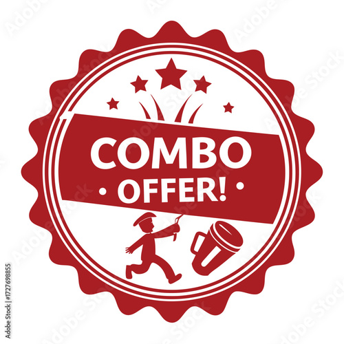Red circular badge with white combo offer text and running figure