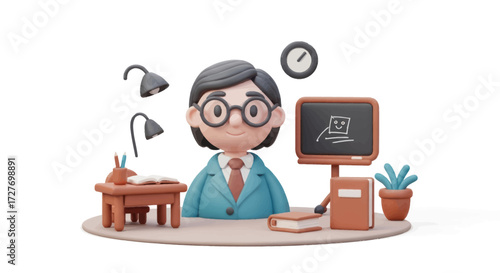 Cartoon Teacher Character at a Retro-Style Desk.