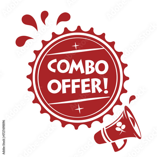 Red circular badge with white combo offer text and megaphone