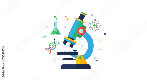 Colorful Laboratory Microscope with Scientific Icons and DNA Strand.