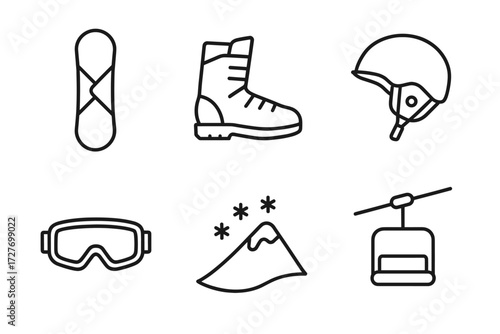 Winter sports icon set: snowboard, boots, helmet, goggles, mountain, ski lift