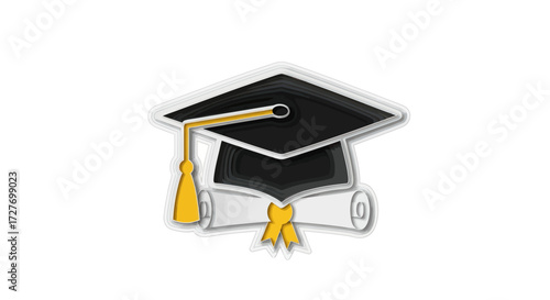 Graduation Cap and Diploma Icon with Tassel Detail.