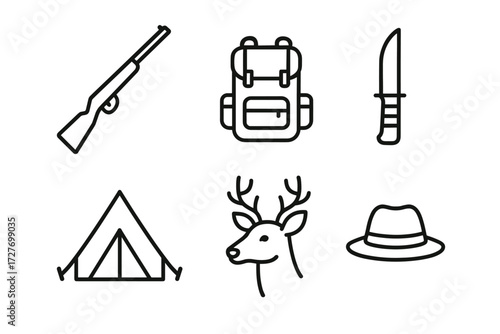Hunting equipment icons: rifle, backpack, knife, tent, deer, hat
