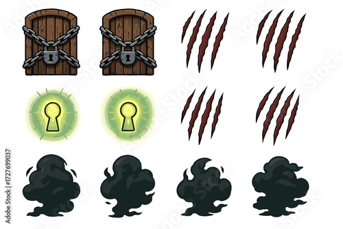 Locked wooden doors with chains and mysterious elements like claw marks and smoke clouds