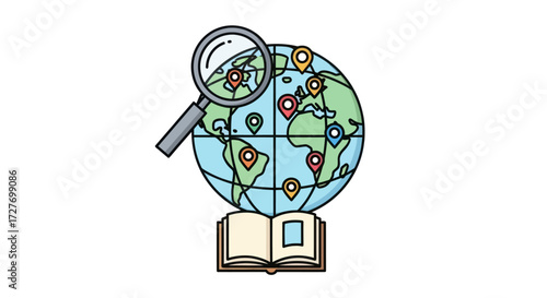Magnifying Glass Over World Globe with Location Pins and Open Book.