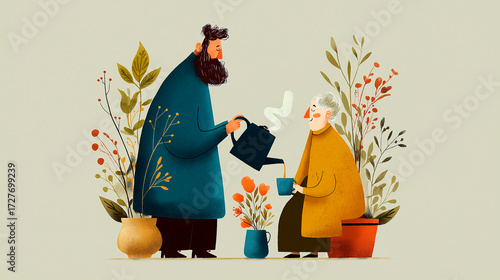 Man pouring tea for elderly woman surrounded by plants and flowers, symbolizing care, warmth, and intergenerational connection in a cozy setting