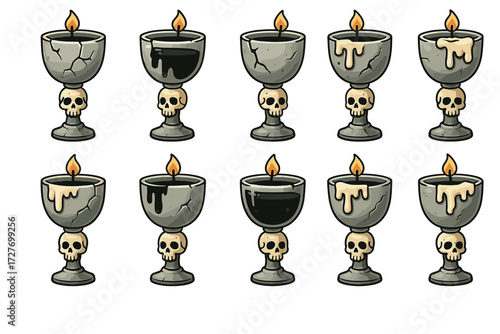 Set of ten gothic chalices with skulls and candles in various styles