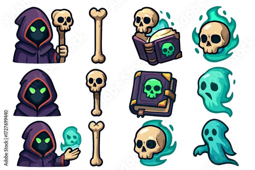 Cartoon grim reaper and ghost icons with skulls and books