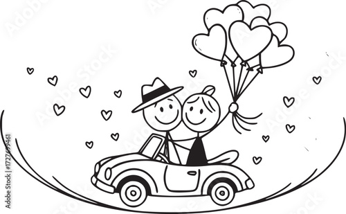 Love's Joyride: A simple and heartfelt illustration captures the sweet essence of love, with a happy couple embarking on a joyful journey in a classic car.